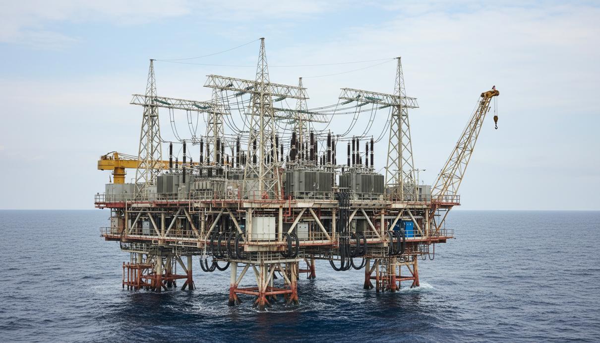 Промышленная электрическая подстанция в открытом море на фоне горизонта