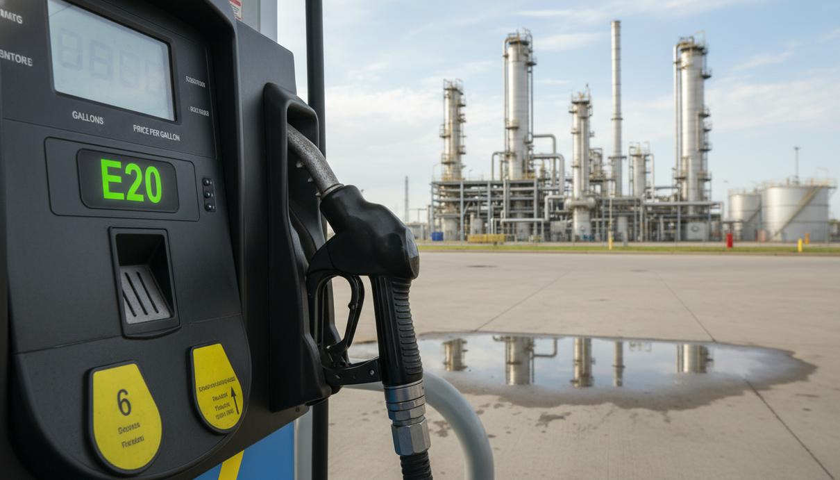 Заправочный пистолет и дисплей с маркировкой топлива E20 на современной автозаправочной станции.