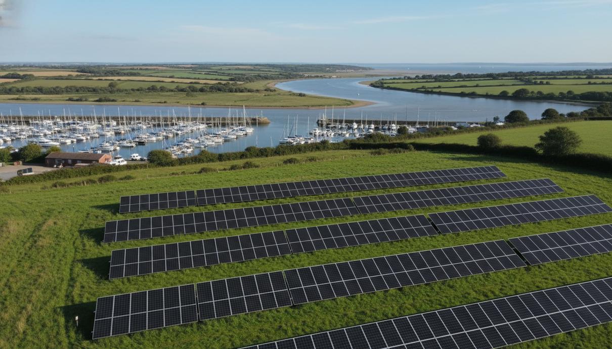 Ряды солнечных панелей на зеленом поле рядом с мариной и пришвартованными яхтами на воде