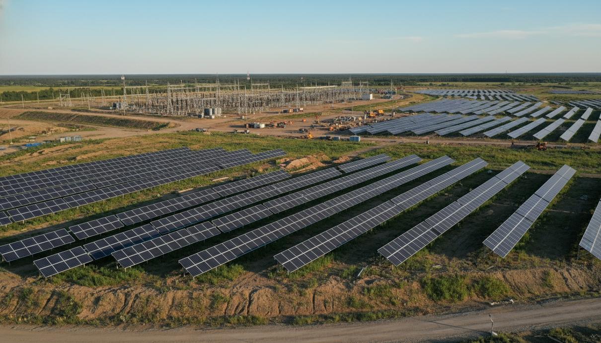 Солнечные панели на территории бывшего угольного разреза и строящаяся электрическая подстанция.