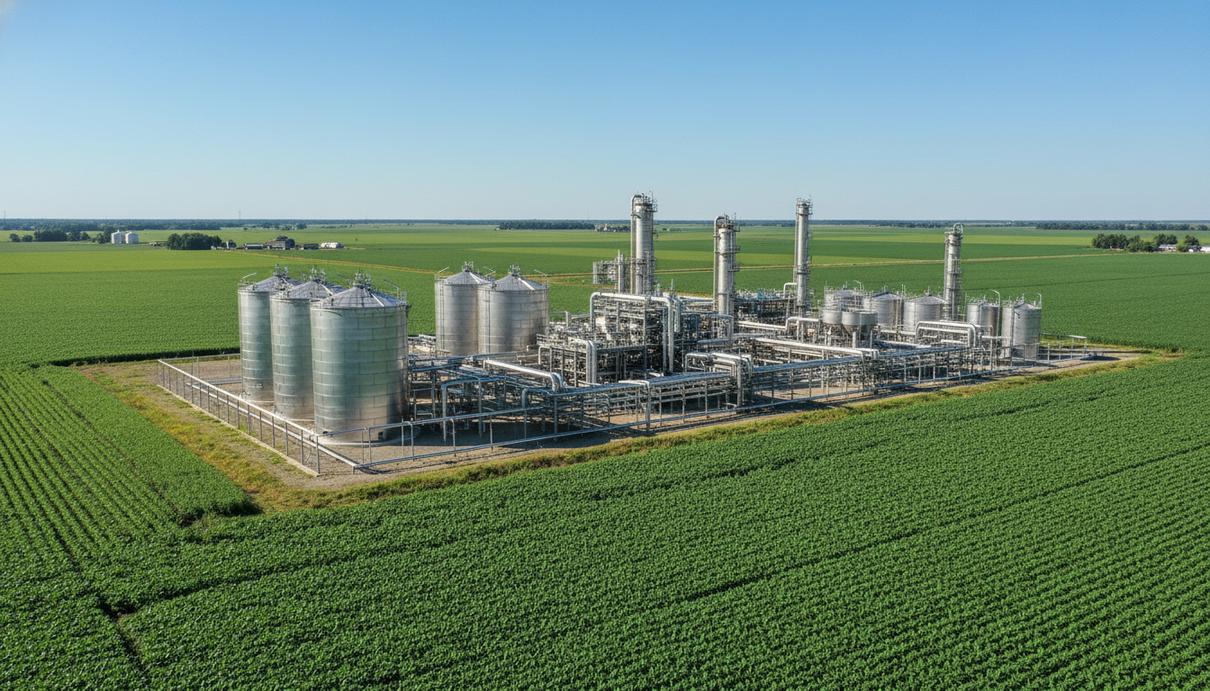 Промышленный комплекс по переработке биотоплива с металлическими резервуарами рядом с полями сои.