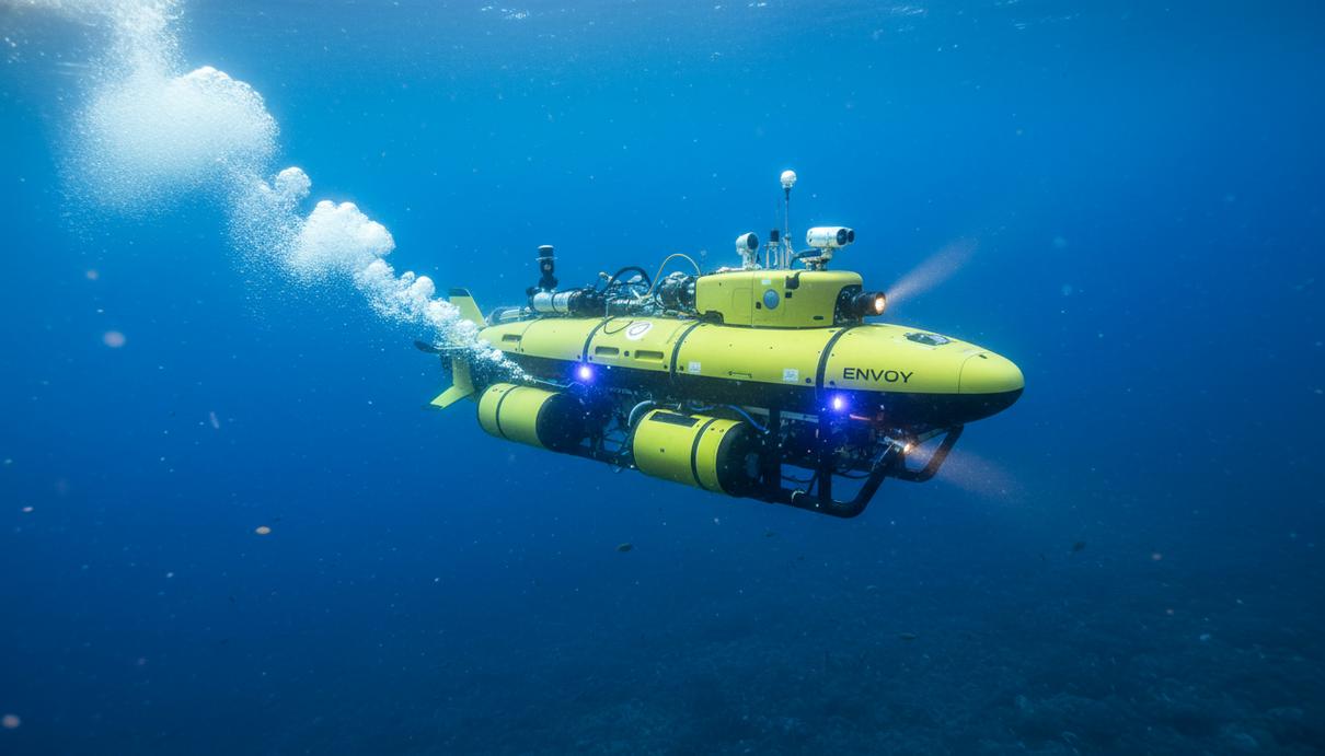 Желтый автономный подводный аппарат в глубокой синей воде
