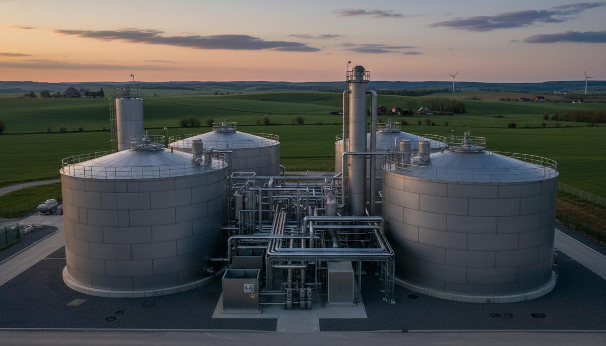 Промышленный комплекс для производства биогаза с металлическими резервуарами и трубопроводами на фоне поля