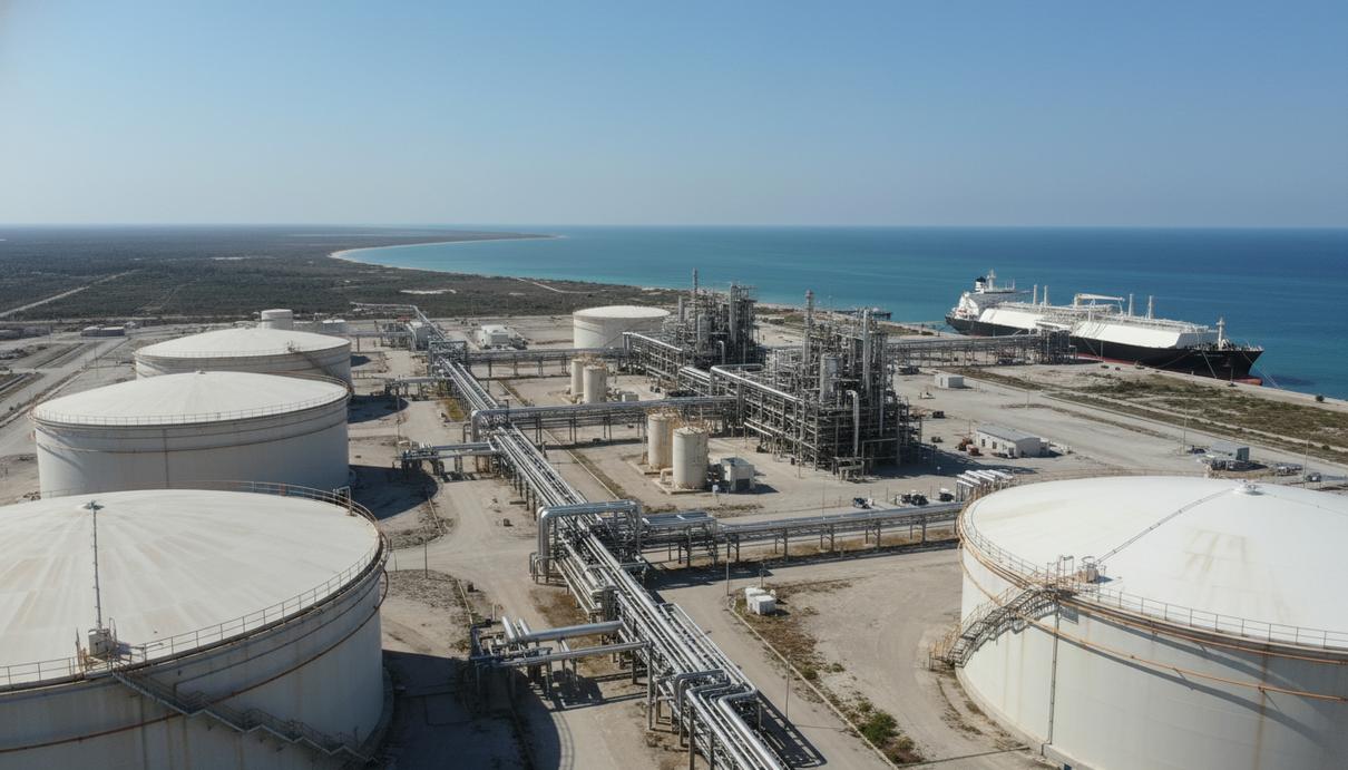 Береговая линия с терминалом сжиженного природного газа, сферическими хранилищами и промышленными трубопроводами.