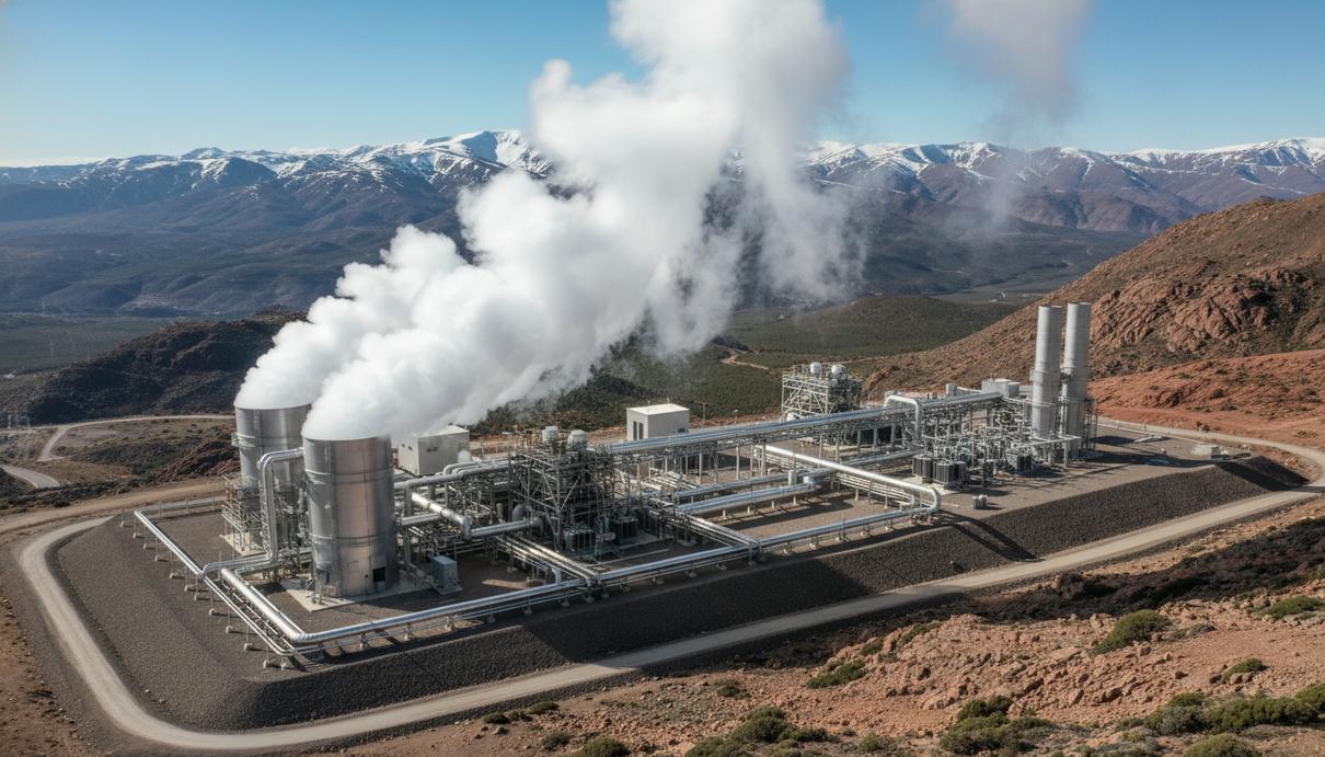 Промышленная геотермальная станция с поднимающимся паром на фоне горного пейзажа.