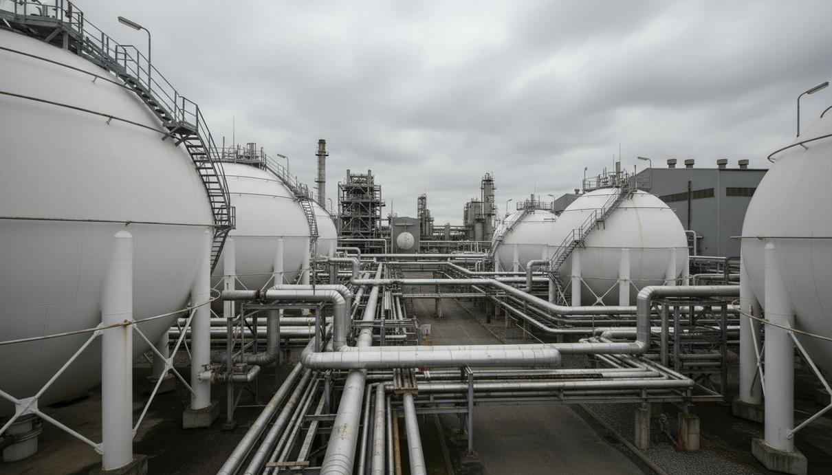 Промышленные сферические резервуары и сеть трубопроводов водородного завода на фоне пасмурного неба