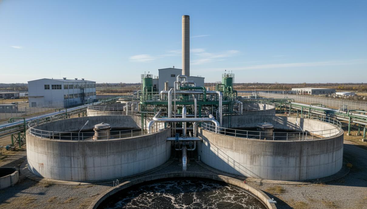 Современный индустриальный комплекс с большими резервуарами для переработки отходов на фоне неба.