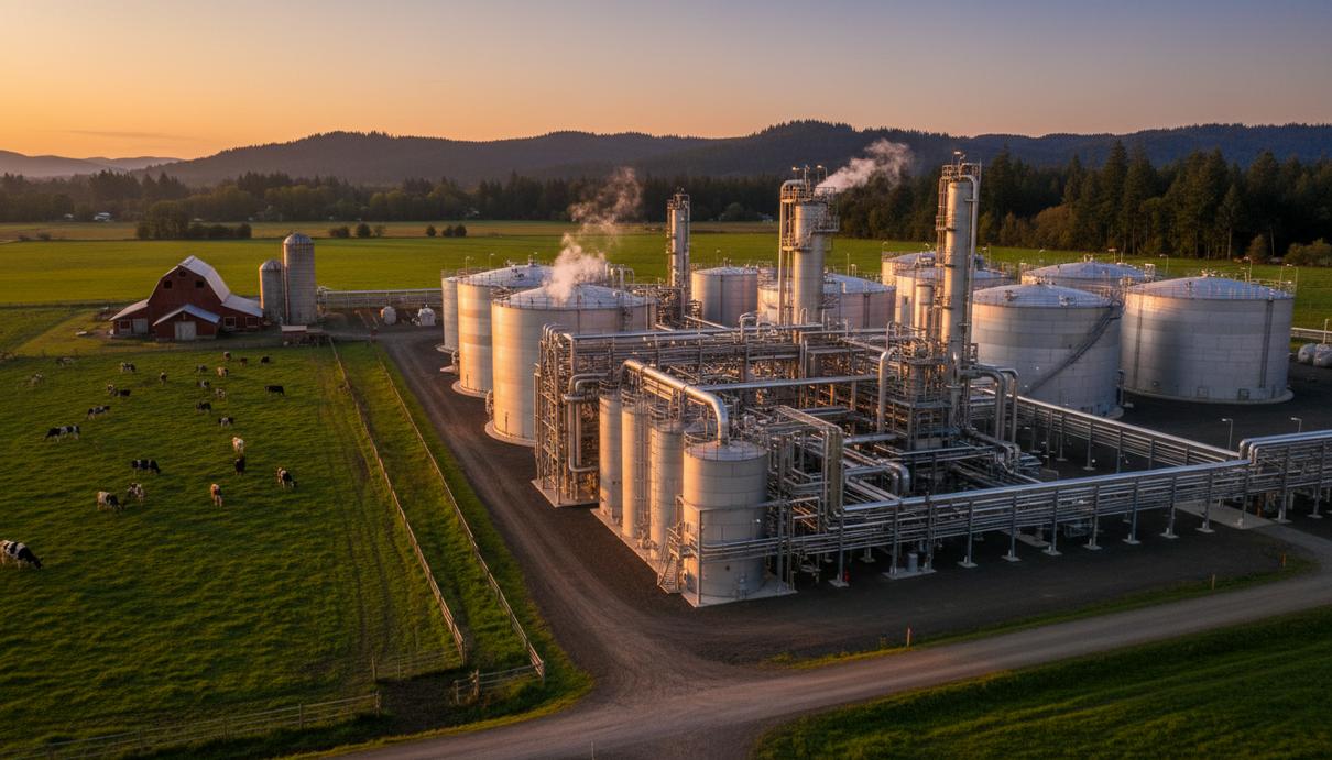 Промышленный комплекс по переработке биоотходов с металлическими баками на фоне сельских полей в Орегоне