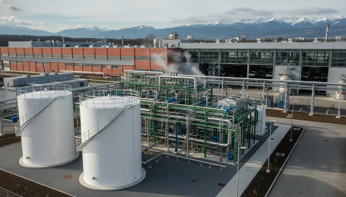 Промышленные резервуары для хранения водорода на фоне корпусов автомобильного завода в Австрии