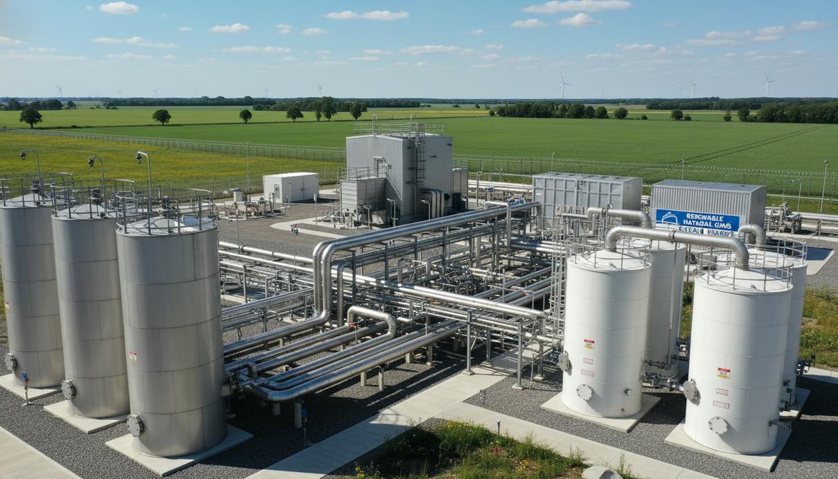 Промышленный комплекс по производству биогаза с металлическими резервуарами и трубопроводами.
