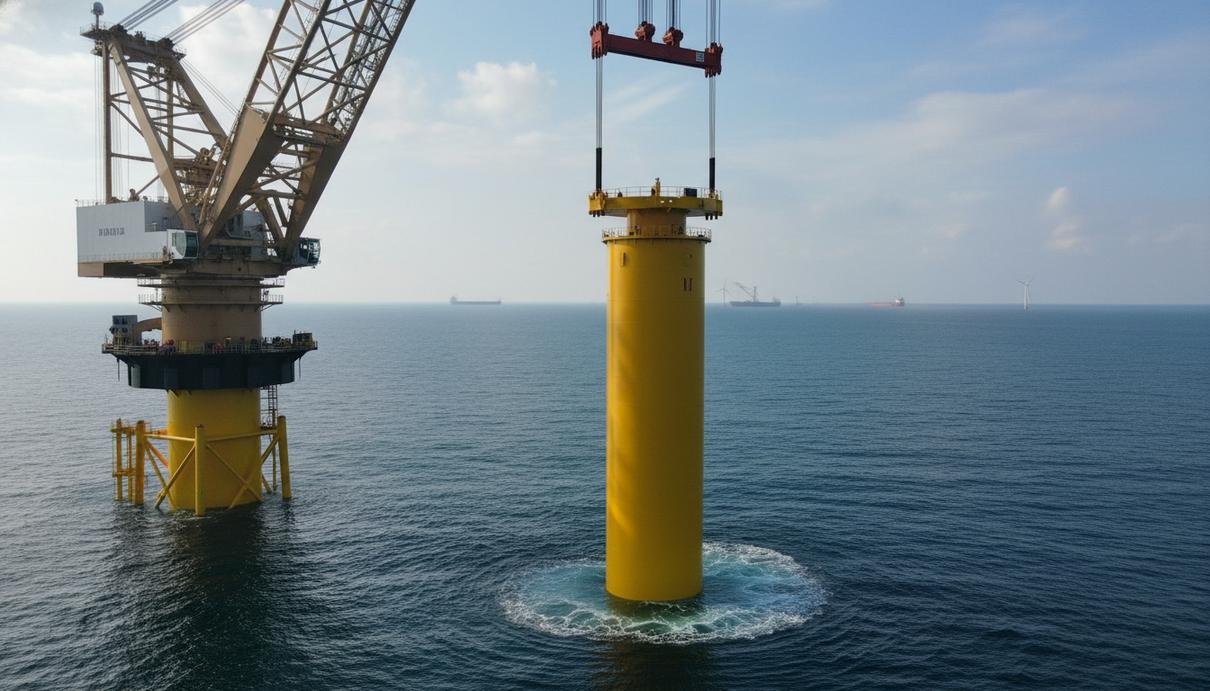 Процесс установки массивного стального основания морской ветротурбины с борта монтажного судна в открытом море.