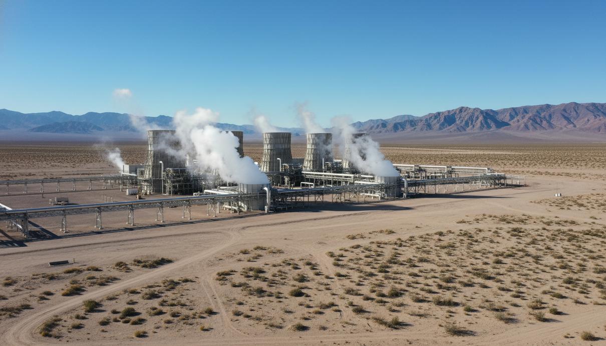 Zanskar поставит NV Energy 100 МВт геотермальной энергии в Неваде Геотермальная электростанция в пустыне Невады с поднимающимся из труб паром на фоне гор