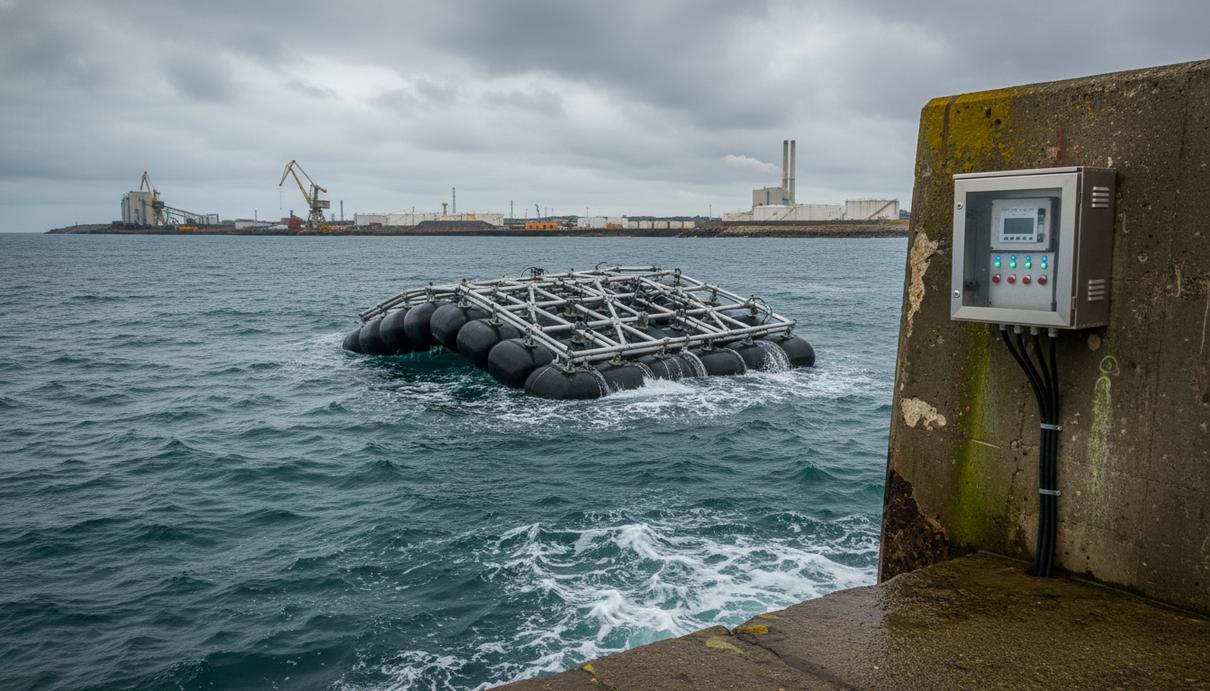 Eco Wave Power внедрит технологии NVIDIA в волновой энергетике Волновой электрогенератор на воде около бетонного пирса на фоне промышленной портовой зоны под облачным небом