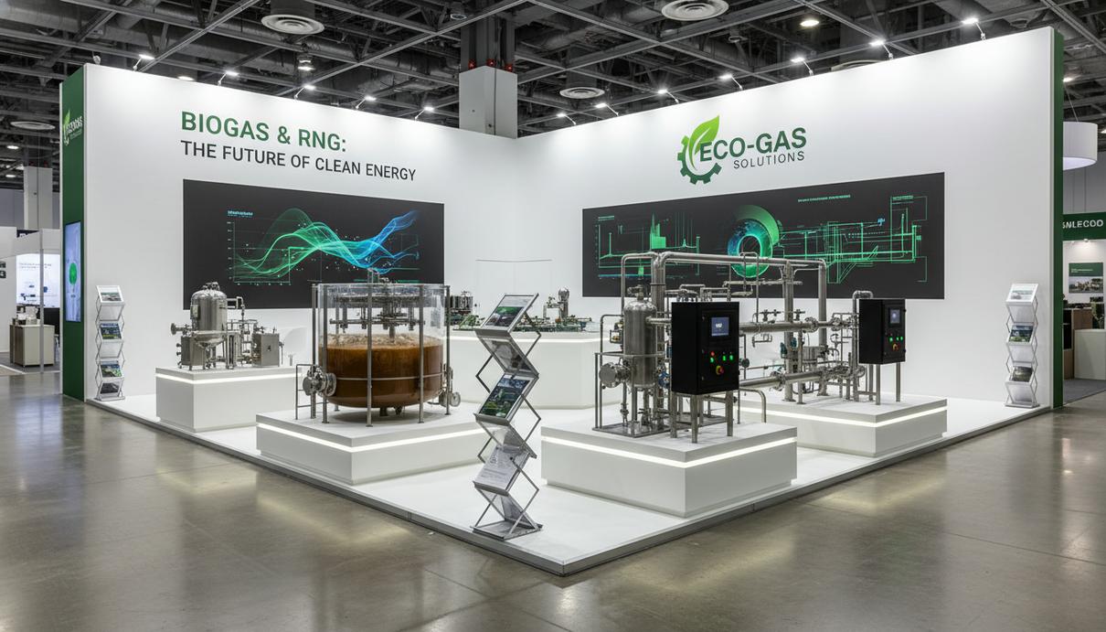 Выставка биогазовой отрасли в Детройте побила рекорд по площади экспозиции Современный выставочный стенд с макетами промышленного оборудования для производства биогаза в светлом зале.