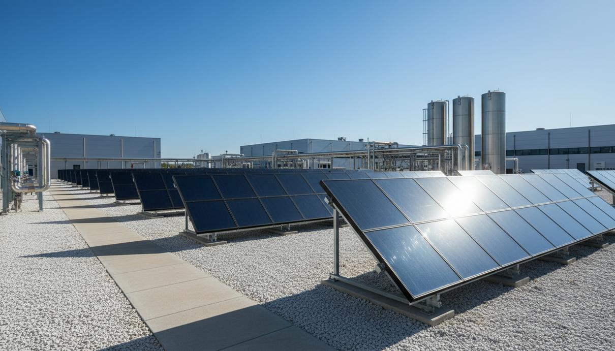 SunHydrogen подтвердила эффективность масштабирования водородных модулей Солнечные водородные модули на испытательном полигоне под открытым небом на фоне труб и резервуаров