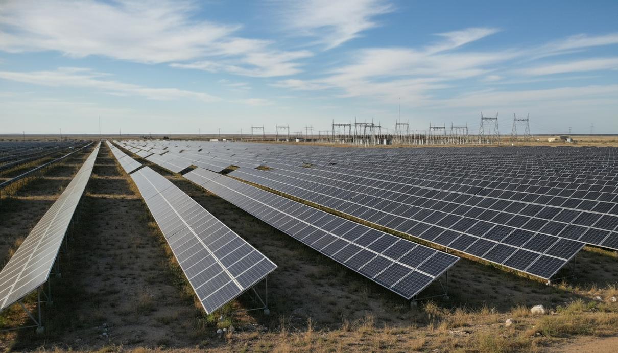 Vesper Energy привлекла 236 млн долларов на СЭС мощностью 201 МВт в Техасе Ряды солнечных панелей электростанции на открытой равнине в Техасе под ясным небом