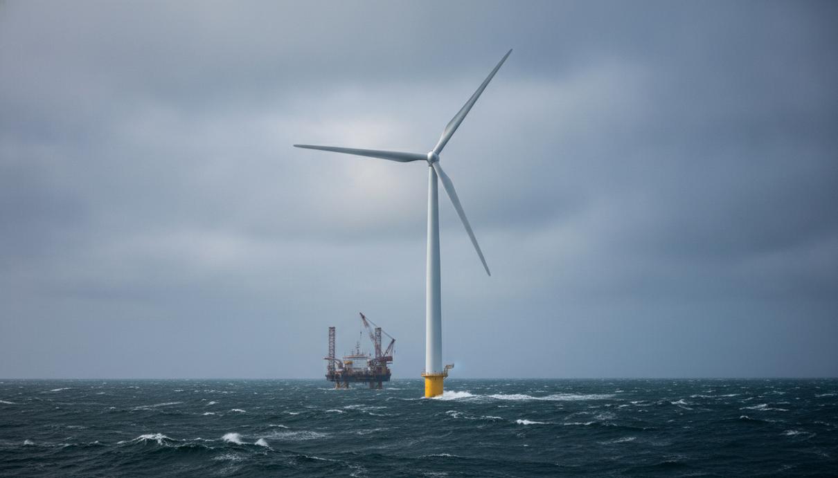 RWE начала монтаж турбин на крупнейшем морском проекте Nordseecluster Морская ветряная турбина, установленная в Северном море на фоне монтажного судна проекта Nordseecluster.