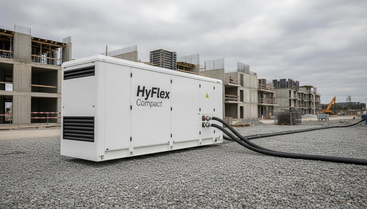 Мобильная водородная энергоустановка HyFlex Compact в виде контейнера на строительной площадке.