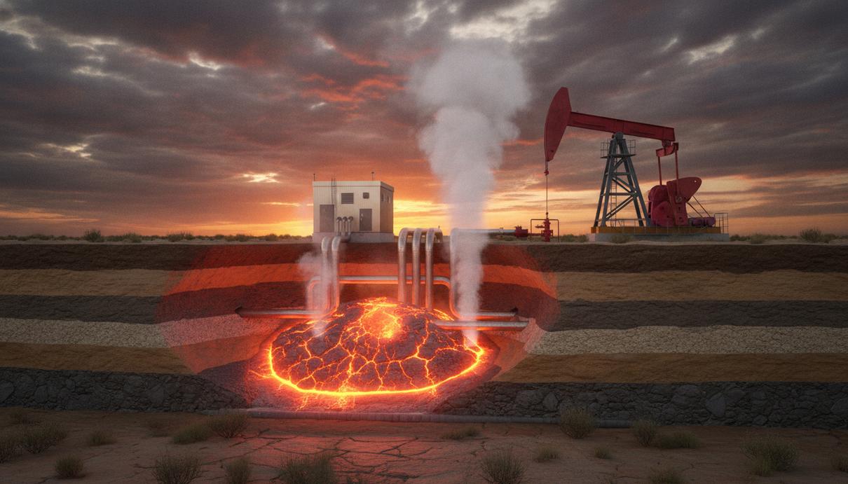 Mantle Energy привлекла $5 млн на технологию добычи нефти и геотермальной энергии Нефтяная вышка и геотермальная станция на фоне геологического разреза с разогретым подземным пластом.