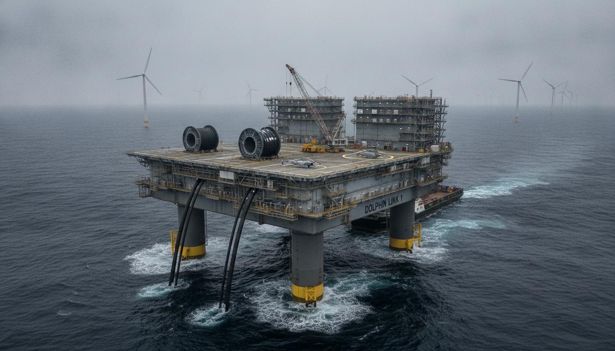 Siemens Energy и NSORe построят для 50Hertz систему подключения на 2 ГВт Морская преобразовательная платформа в Северном море для подключения ветропарков, на горизонте видны ветрогенераторы.