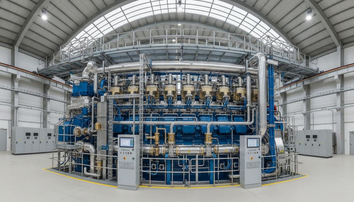 Крупный промышленный водородный двигатель Wärtsilä 31H2 в машинном зале современной электростанции.