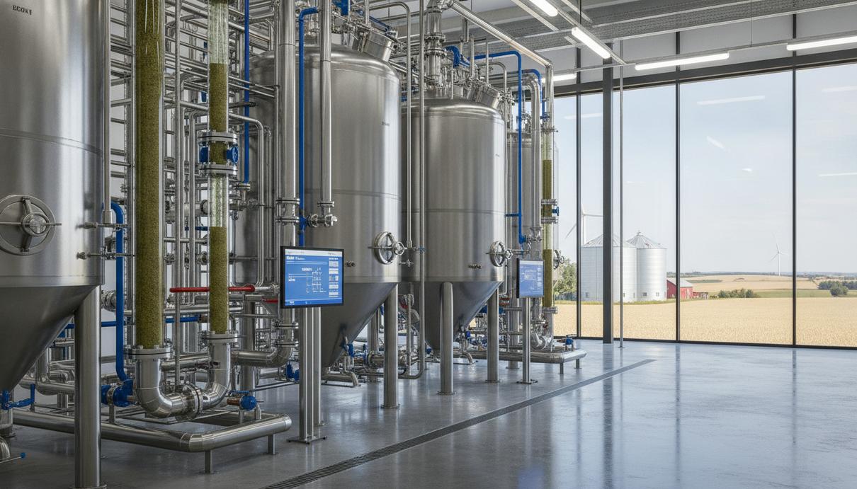 Современный завод по производству биотоплива: стальные реакторы и трубопроводы на фоне сельскохозяйственного пейзажа с силосами.
