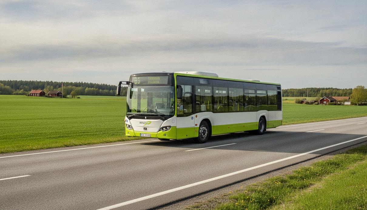 В шведском регионе Сконе запустят 27 автобусов Scania на биогазе Современный бело-зелёный автобус Scania на биогазе едет по шоссе на фоне сельского пейзажа в Швеции.