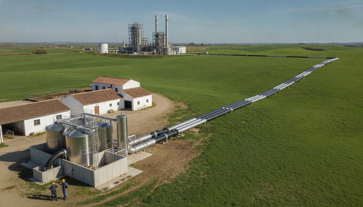 Биогазовая установка на небольшой ферме в сельской местности, от которой трубы ведут к перерабатывающему заводу на горизонте.