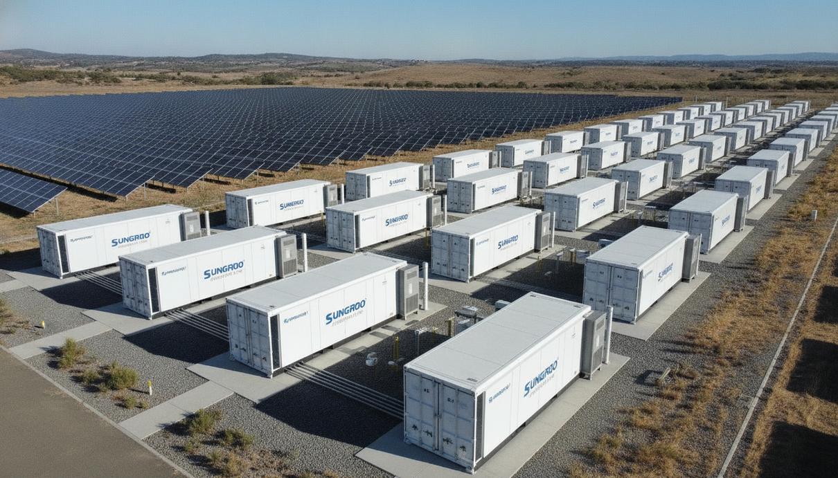 Контейнерная система накопления энергии Sungrow PowerTitan 3.0 на промышленной площадке рядом с солнечной электростанцией.