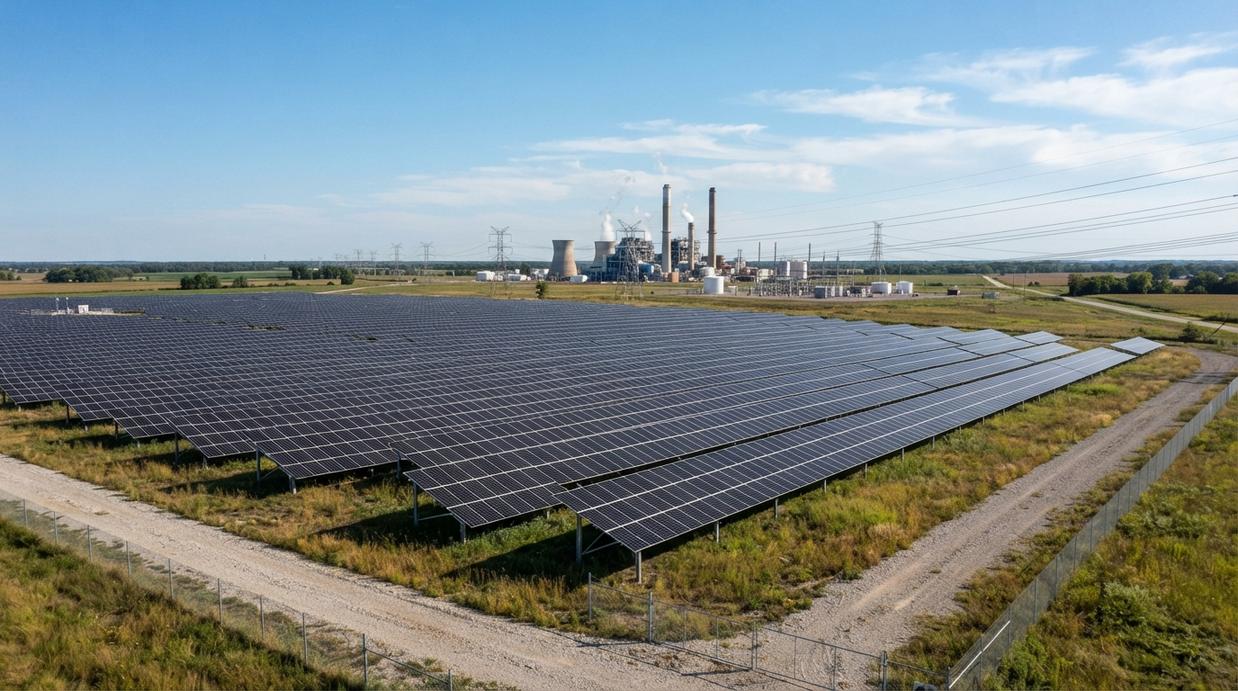 Earthrise Energy подключила новую СЭС в Иллинойсе через сети газовой станции Солнечные панели на электростанции Archtop Solar в Иллинойсе на фоне пиковой газовой станции Гибсон-Сити.