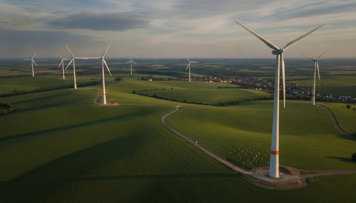 Qualitas Energy ввела в строй ветропарк на 33,6 МВт в Германии Ветряные турбины ветропарка «Нахтсхайм-Люксем» на фоне зеленых холмов в земле Рейнланд-Пфальц, Германия.
