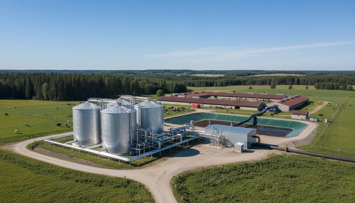 Молочная ферма Halinga в Эстонии будет производить биометан для транспорта Современный биогазовый завод с резервуарами и трубопроводами на территории крупной молочной фермы в Эстонии.