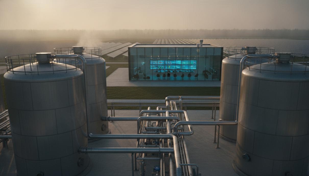 BiofuelAi получила в Британии премию £1 млн за ИИ для биогазовых станций Современная биогазовая станция с большими резервуарами-реакторами, трубопроводами и центром управления на рассвете.