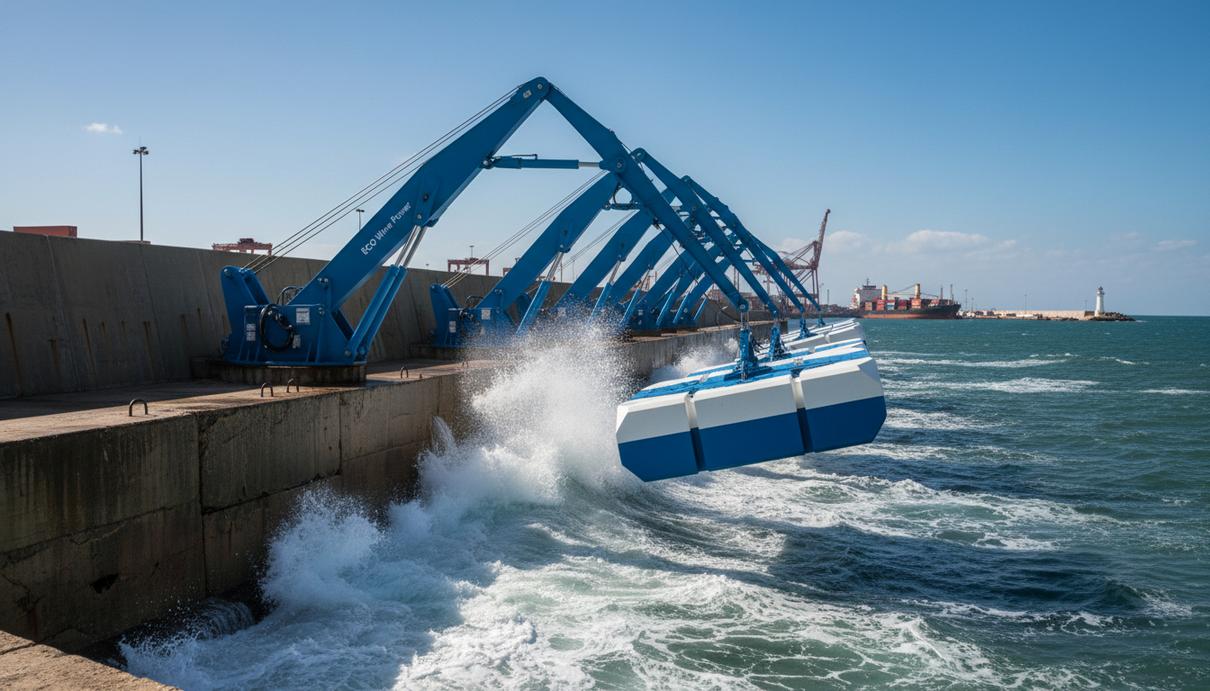 Калифорния выделила технологию Eco Wave Power в отчёте по морской энергетике Установка для преобразования энергии волн, смонтированная на бетонном волнорезе в порту. Механические поплавки на фоне морских волн и портовой инфраструктуры.