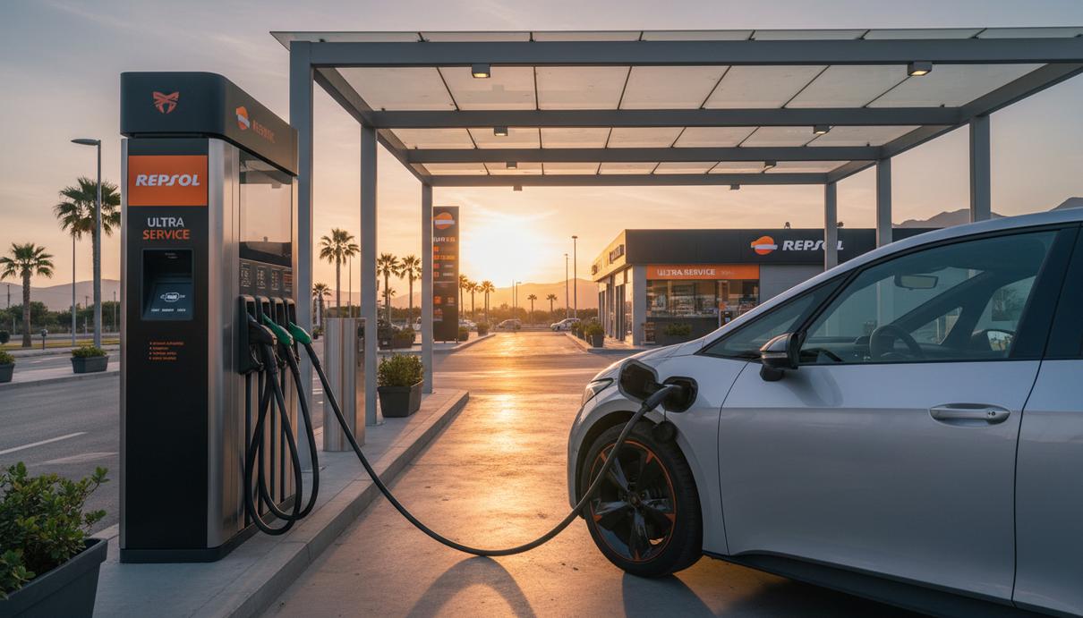 Repsol, BMW и Toyota тестируют возобновляемый бензин в Испании Современный легковой автомобиль заправляется на бензоколонке Repsol. Заправочный пистолет вставлен в топливный бак машины.