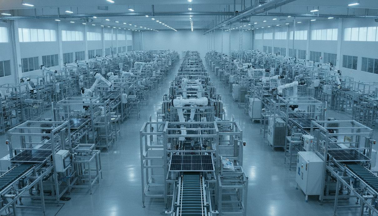 CS PowerTech открыла в США завод по выпуску HJT-фотоэлементов Новый завод по производству солнечных фотоэлементов. Автоматизированная производственная линия с роботизированными манипуляторами.