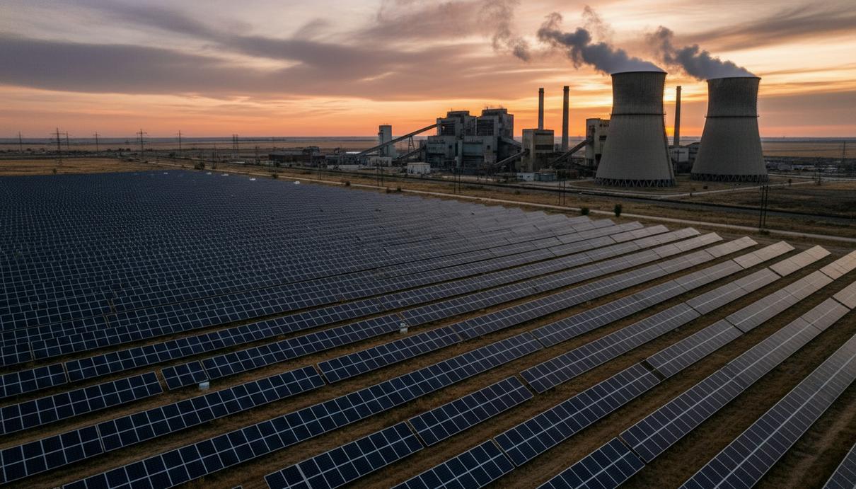 Xcel Energy расширила до 710 МВт солнечную станцию на месте угольной ТЭС Солнечная электростанция с рядами фотоэлектрических панелей на фоне промышленных зданий и труб угольной ТЭС.