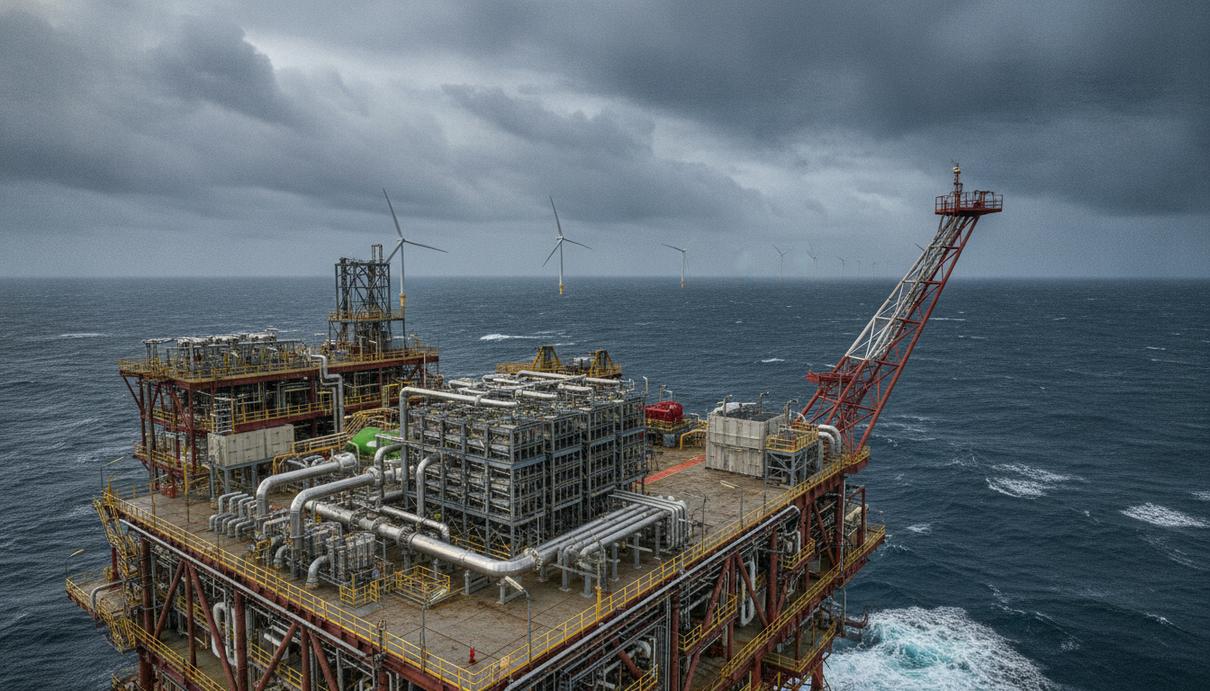 В Северном море впервые произвели «зелёный» водород на газовой платформе Морская газодобывающая платформа с оборудованием для производства водорода в Северном море на фоне ветрогенераторов.