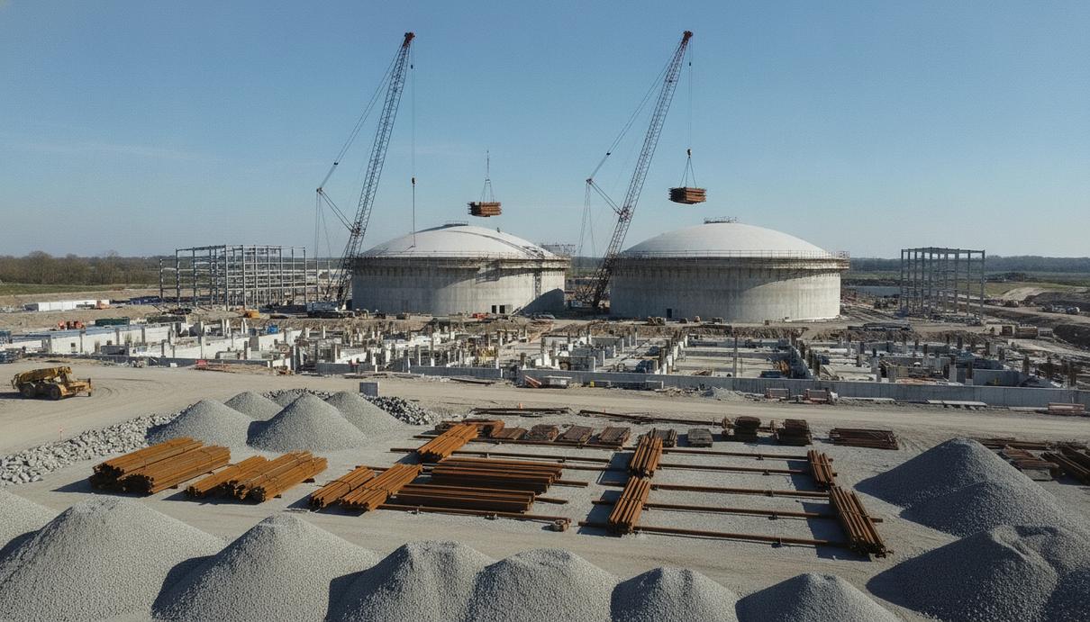 Suez начала строить в Британии биогазовый завод из вторсырья Строительная площадка нового биогазового завода: видны фундамент, каркасы зданий и переработанные стройматериалы.