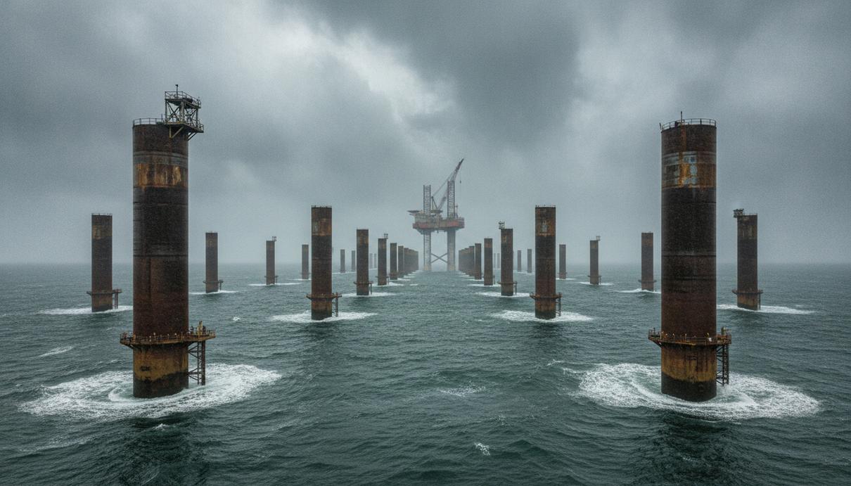 На морской ВЭС East Anglia THREE установили все 95 фундаментов Ряды стальных моноопорных фундаментов для ветротурбин, установленных в море у побережья Великобритании на этапе строительства морской ВЭС.