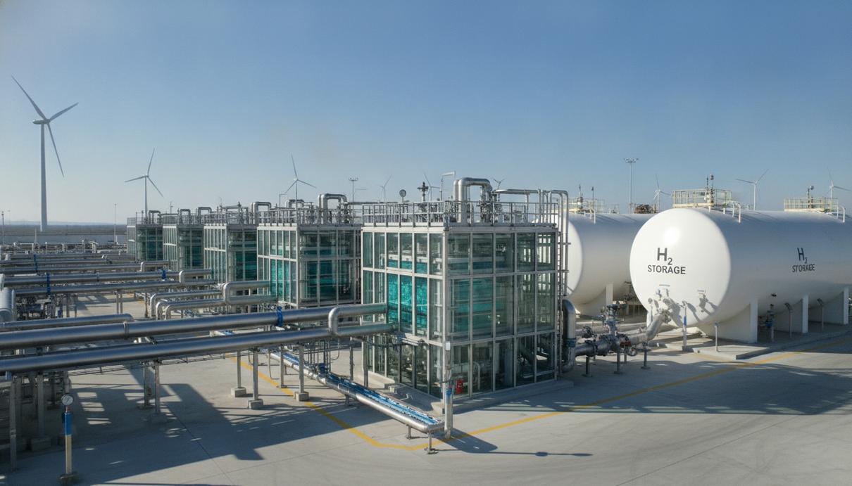 Nobian и Air Products заключили контракт на поставки зелёного водорода Химический завод по производству водорода: электролизеры, резервуары и трубопроводы на фоне ветряных турбин.