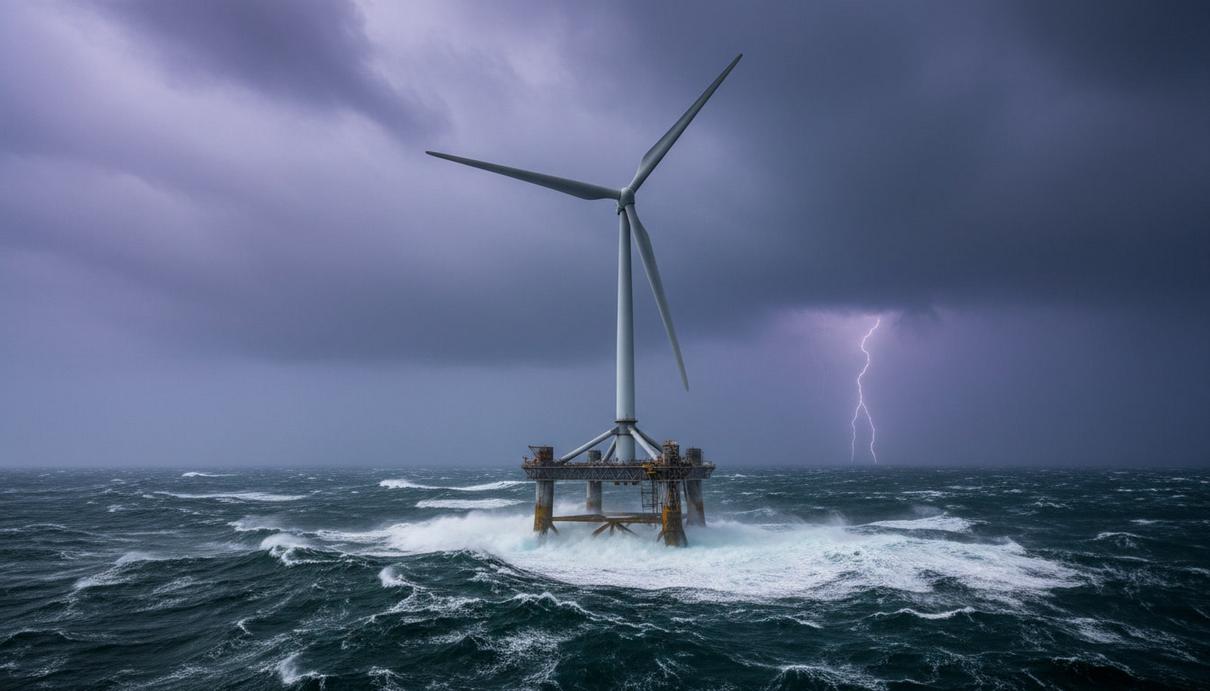 Gazelle Wind Power создала платформу для ВЭУ 18+ МВт под условия тайфуна Плавучая ветряная турбина на платформе-триподе в штормовом море во время сильного ветра и высоких волн.