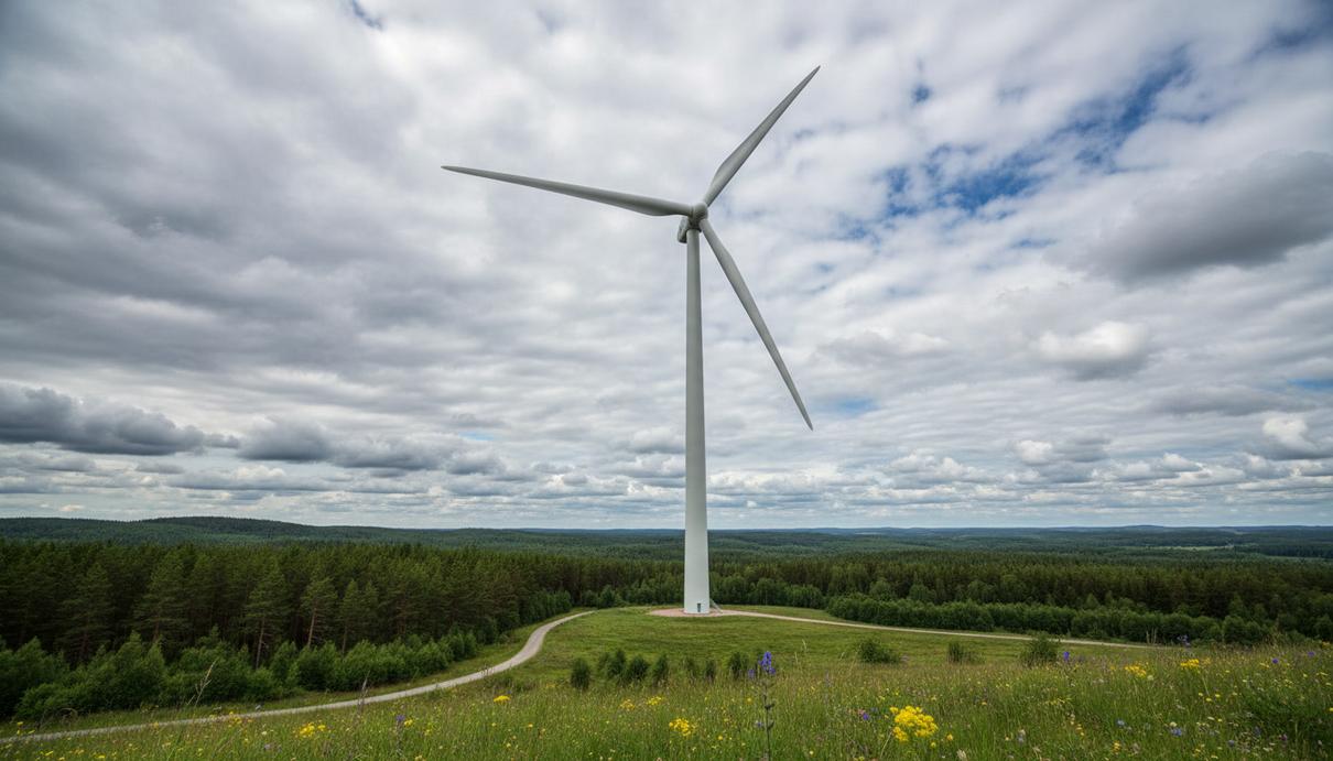 Крупный план современной ветряной турбины Vestas в поле на фоне шведских лесов и холмов.