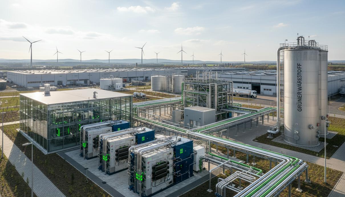 H2APEX и Lhyfe расширят водородное партнерство в Германии Завод по производству зеленого водорода с резервуарами и трубопроводами на фоне промышленного пейзажа Германии.