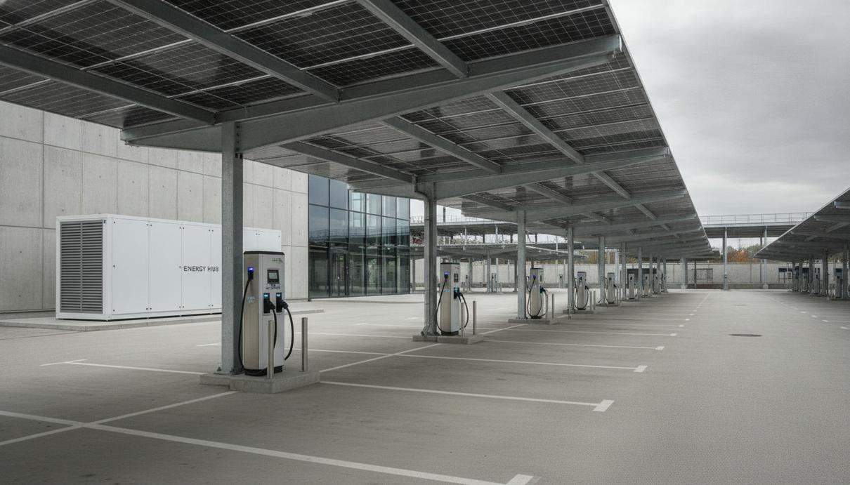 Smartports построит в Швеции 49 энергохабов на базе парковок Крытая парковка с солнечными панелями на навесах, зарядными станциями для электромобилей и блоком накопителей энергии.