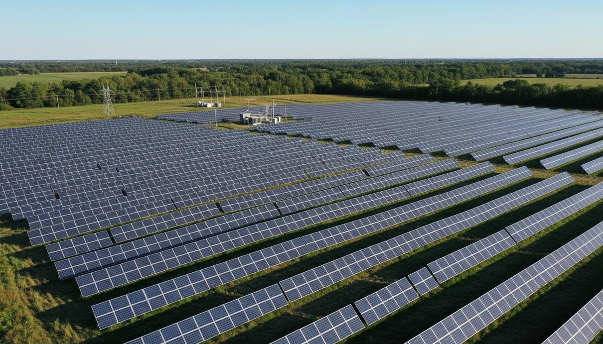 NorthStar Clean Energy запустила в Мичигане СЭС на 120 МВт Солнечная электростанция Hart Solar в Мичигане: ровные ряды фотоэлектрических панелей в поле в ясный день.