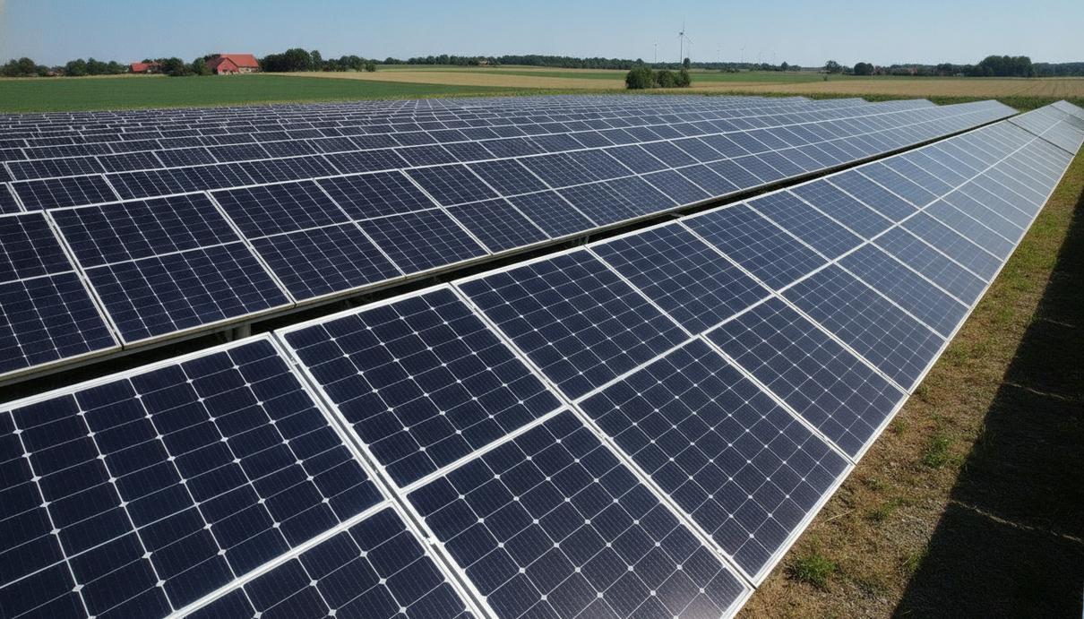 Trinasolar поставит 74 МВт модулей для пяти СЭС MaxSolar в Германии Ряды новых солнечных панелей Trinasolar на крупной солнечной электростанции в сельской местности Германии.