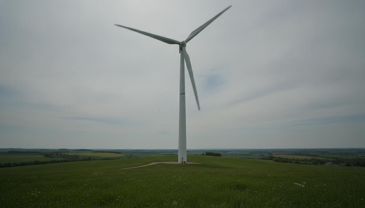 Vestas представила новую ветротурбину для районов со слабым ветром Крупный план ветрогенератора Vestas V182-7.2 MW на фоне зелёных холмов и облачного неба.