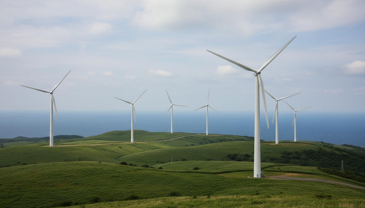 GE Vernova поставит турбины для ветропарка Eurus Energy в Японии Ветряные турбины на зеленых холмах в префектуре Аомори в Японии. Современная ветроэлектростанция на фоне природы.
