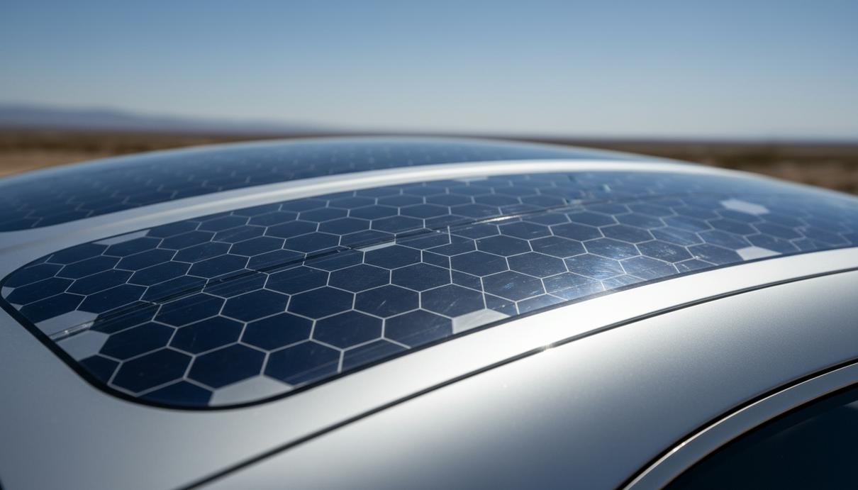 SolarWindow выводит на рынок гибкую солнечную пленку толщиной 0,85 мм Крупный план: гибкая солнечная пленка с текстурой ячеек плотно облегает изогнутую металлическую поверхность крыши.